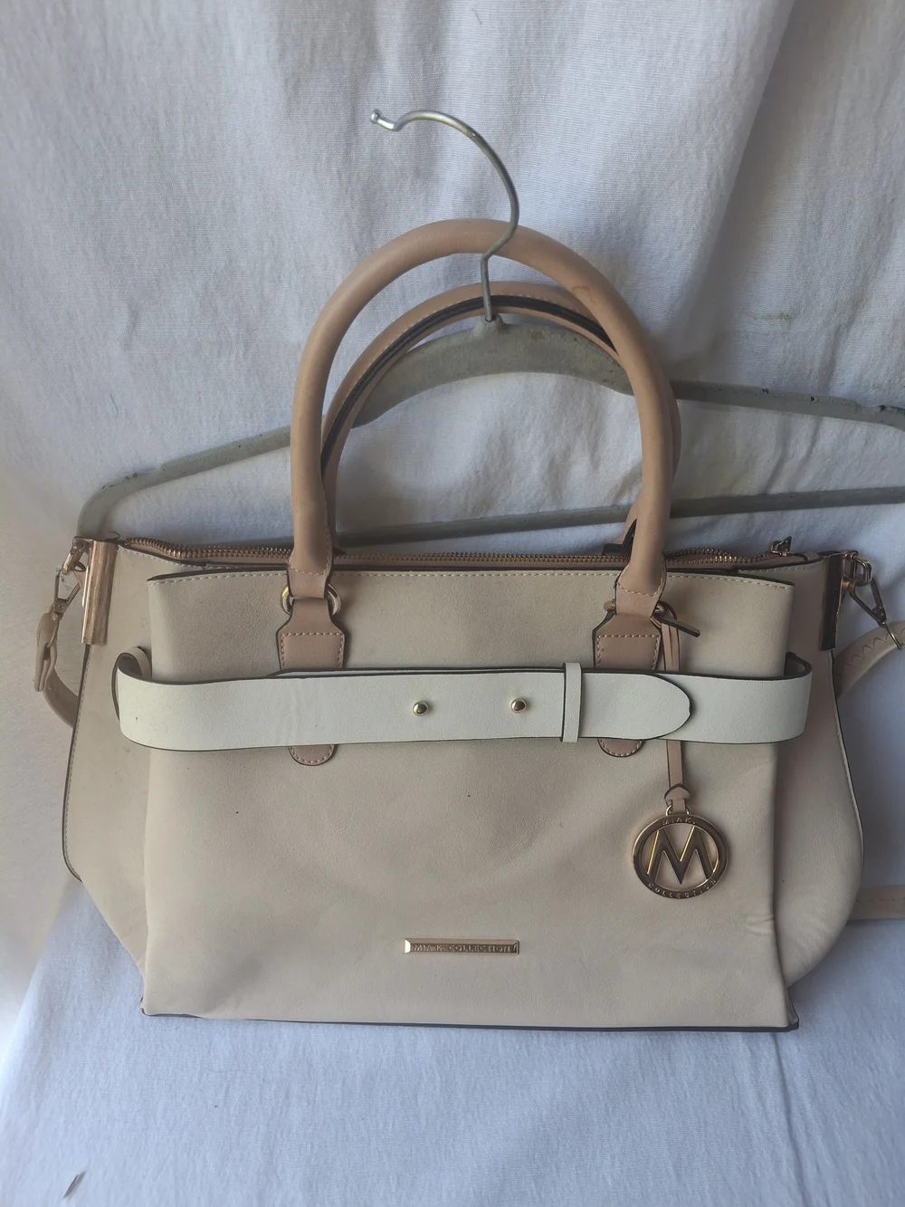 Two-Tone Beige & Tan Structured Satchel with Belt Detail